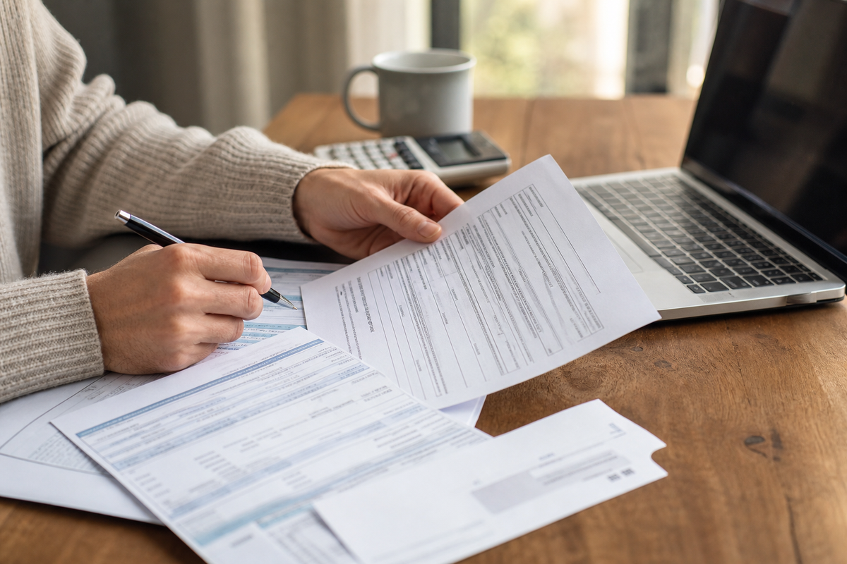 Personne examinant un mandat de prélèvement SEPA et des documents bancaires, scène générique sans marque