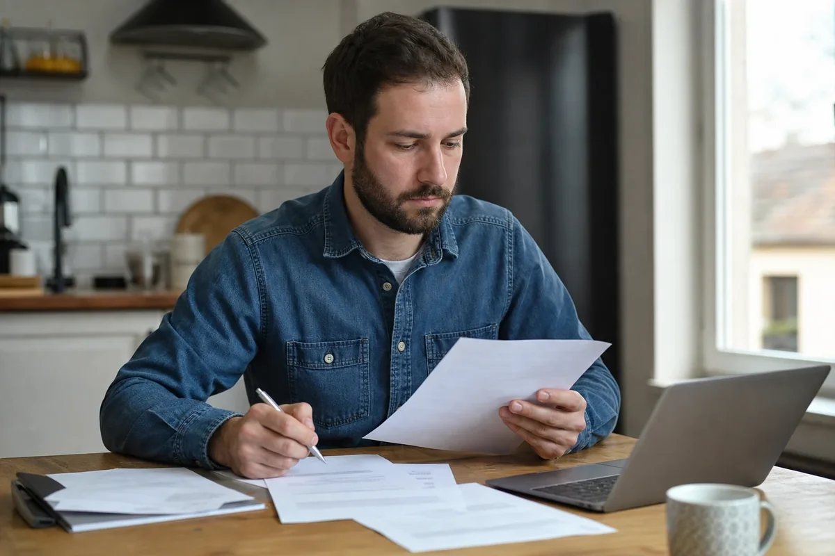Personne à une table de cuisine, dossiers et ordinateur portable, préparant une réclamation pour saisir le médiateur bancaire.