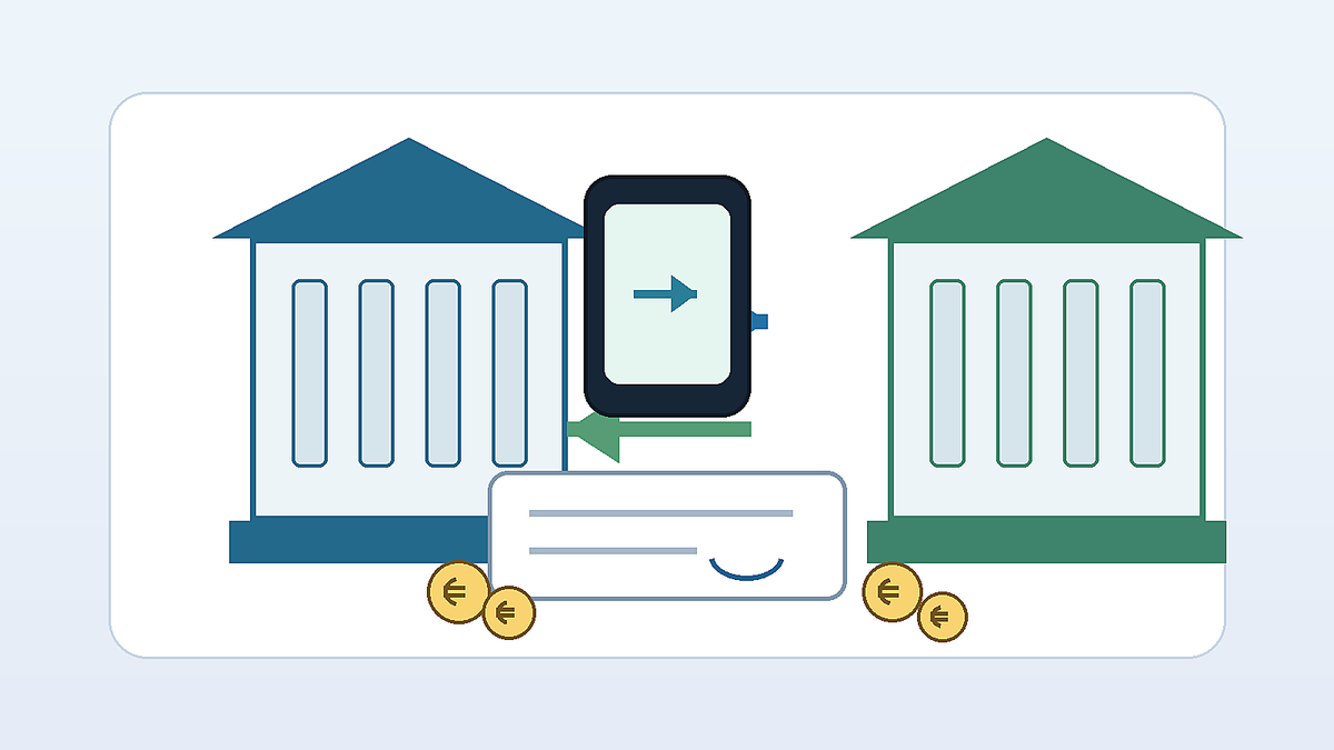 Illustration de mobilité bancaire entre deux banques avec mandat, smartphone et euros