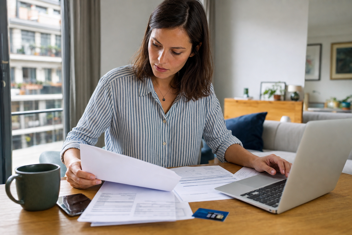 Particulière consultant des documents bancaires et un ordinateur pour préparer un changement de banque.