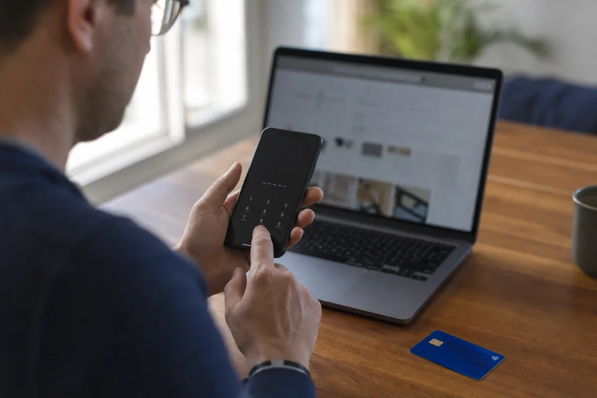 Personne en France comparant des documents bancaires sur un ordinateur portable et un smartphone.