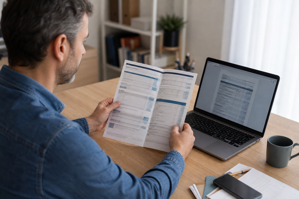 Personne comparant une brochure tarifaire bancaire sur papier et ordinateur.