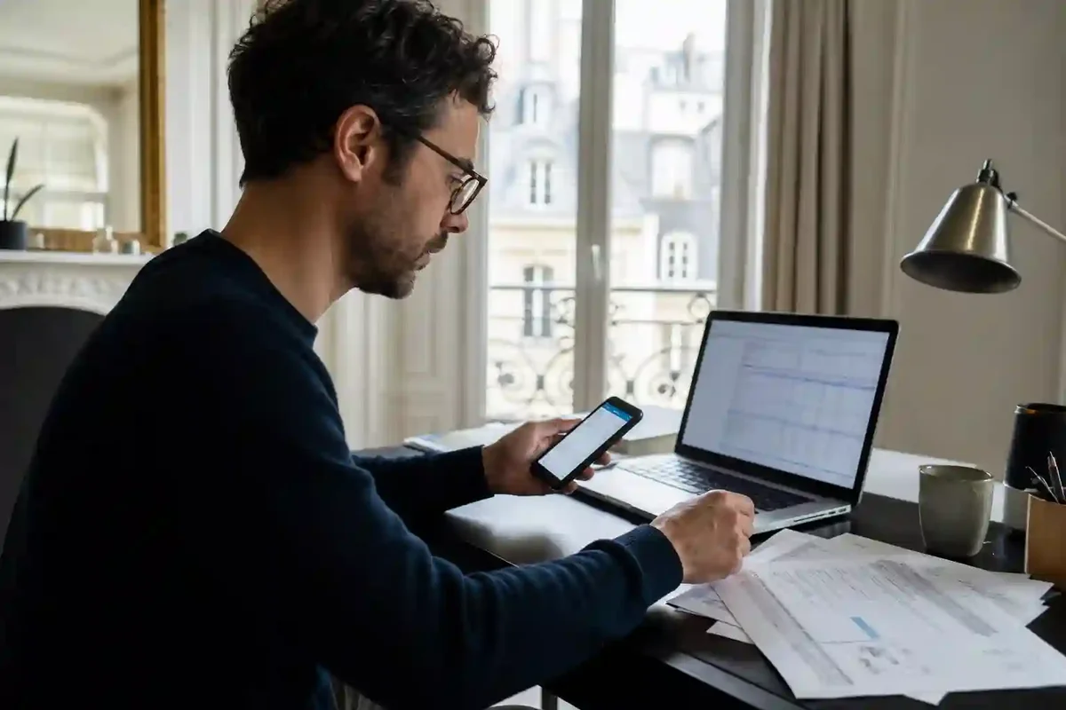 Personne en France comparant des documents bancaires sur un ordinateur portable tout en consultant une application bancaire sur smartphone.