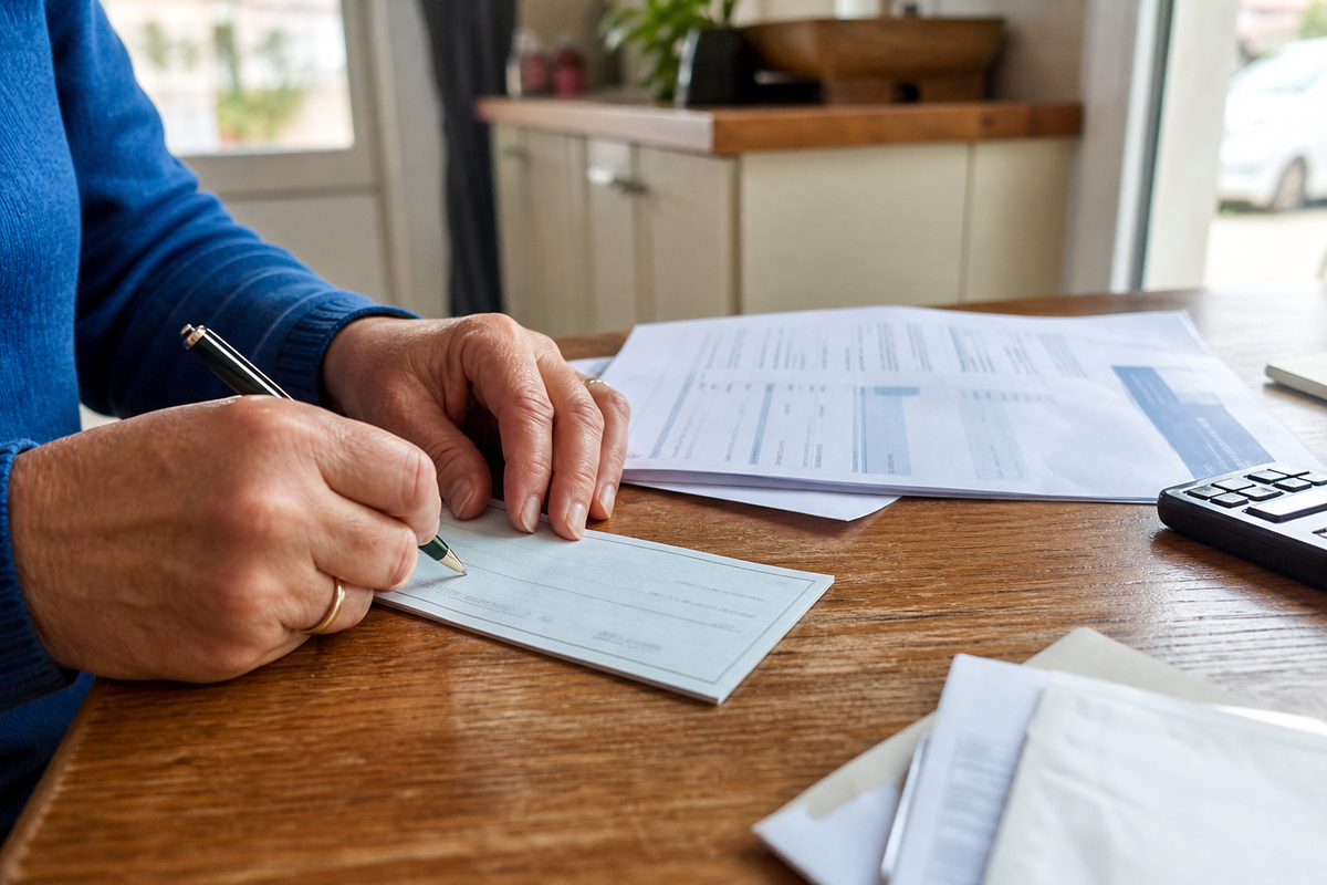 Photo de mains remplissant un chèque sur une table, avec des documents administratifs