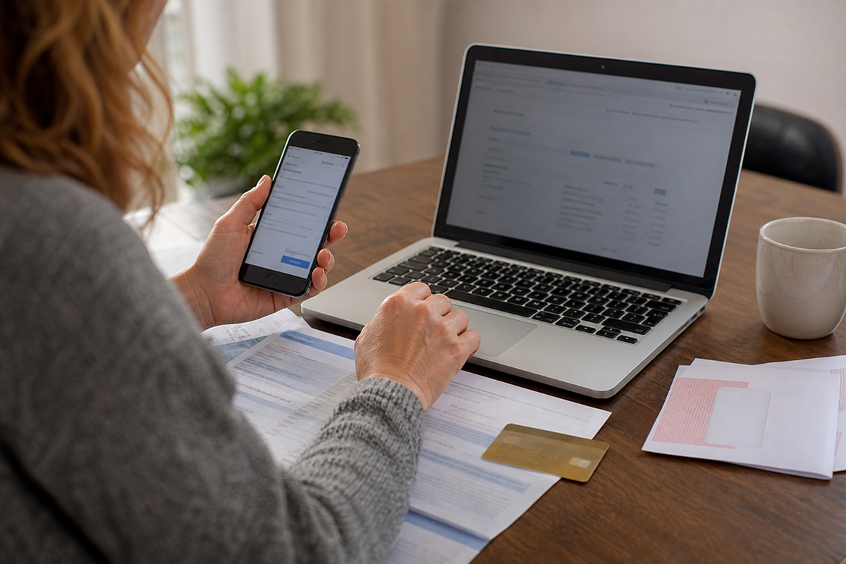 Photo d’une personne payant une facture en ligne sur smartphone, avec une carte bancaire sur un bureau