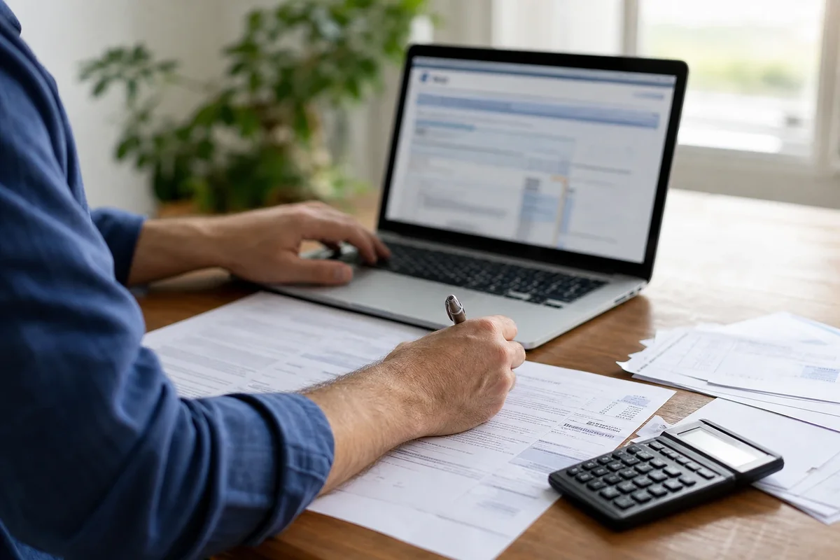 Personne consultant son prélèvement à la source sur un ordinateur, documents fiscaux sur une table