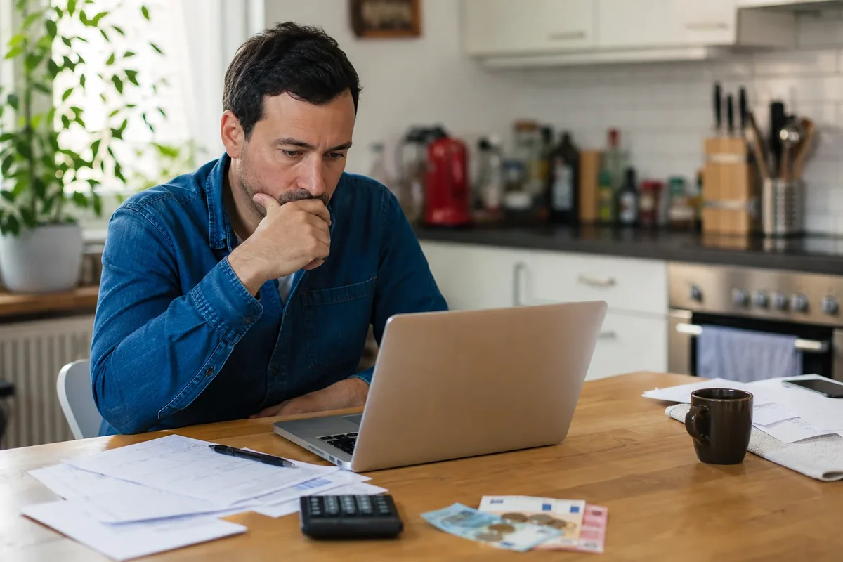 Personne en France vérifiant un relevé PEA sur ordinateur, avec documents et euros sur une table