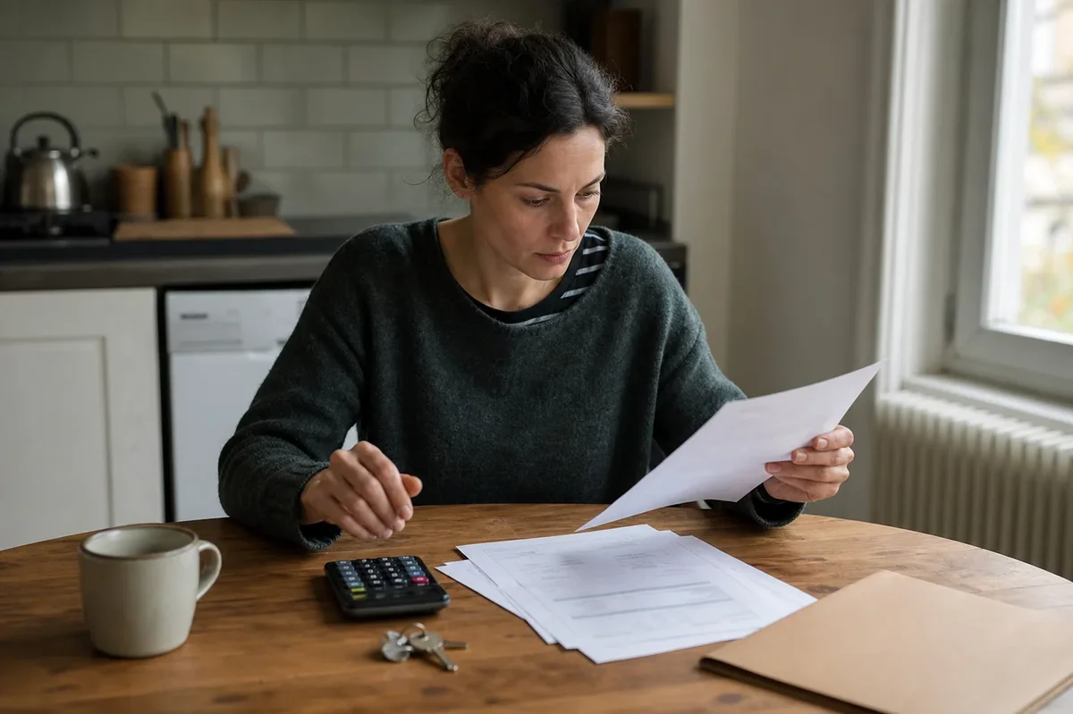 Personne consultant des documents d’épargne logement et des clés de maison sur une table, scène réaliste en France