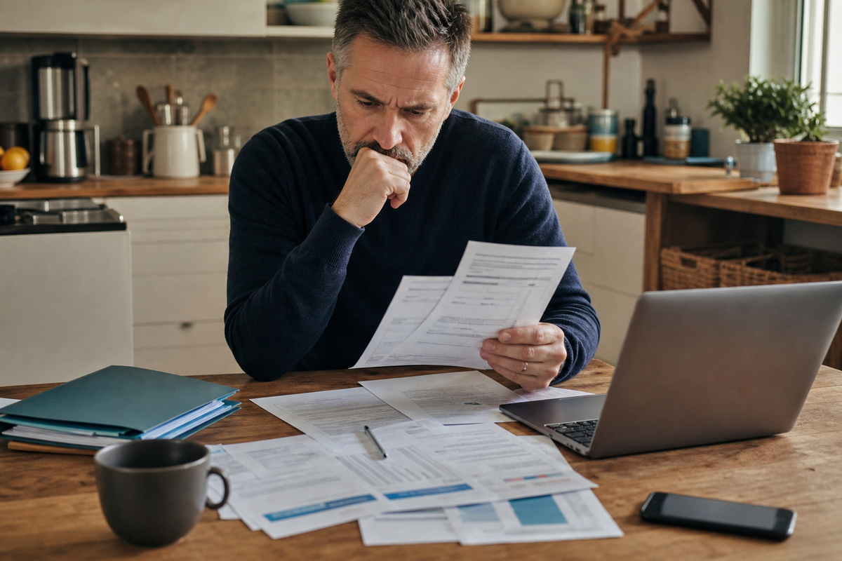 Contribuable en France consultant un avis d'impot et des documents d'epargne retraite sur une table, dans une scene realiste eclairee par une lumiere naturelle.