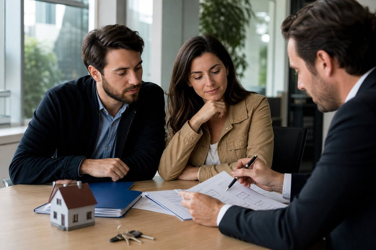 Couple examinant une offre de prêt immobilier avec une conseillère dans une agence bancaire