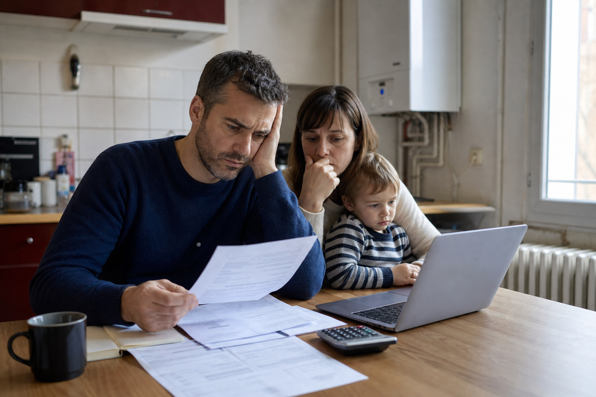 Photo réaliste d'un foyer consultant une facture de gaz et son budget énergie