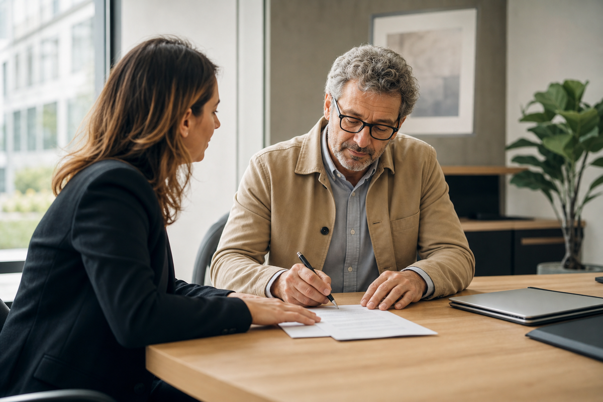 Client et conseiller en agence bancaire signant une procuration sur compte bancaire, scène réaliste en France.