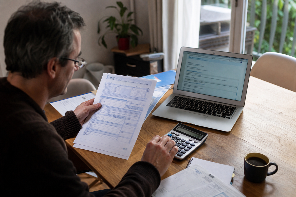 Photo d'une personne préparant sa déclaration de revenus avec des documents papier, un ordinateur portable et une calculatrice