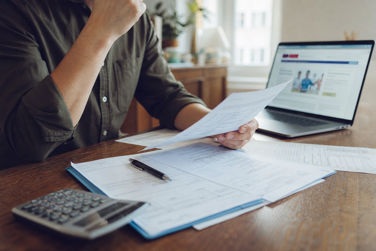 Personne relisant un contrat de crédit à la consommation et des documents administratifs sur une table.