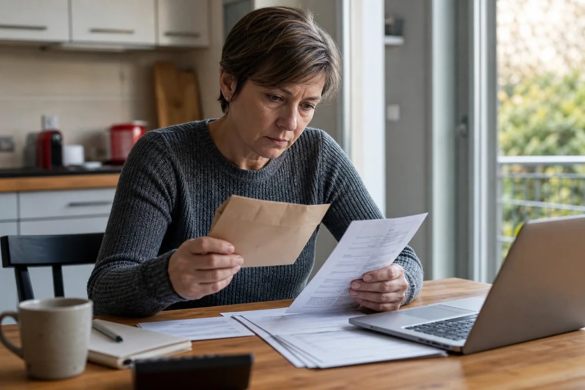 Personne examinant un courrier de saisie et un relevé bancaire sur une table, scène réaliste en France