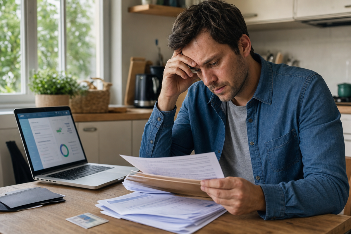 Photojournalistic scene in France: a person at home reviewing a bank account on a laptop and official paperwork on a table, worried about a blocked transaction; natural light, documentary style.