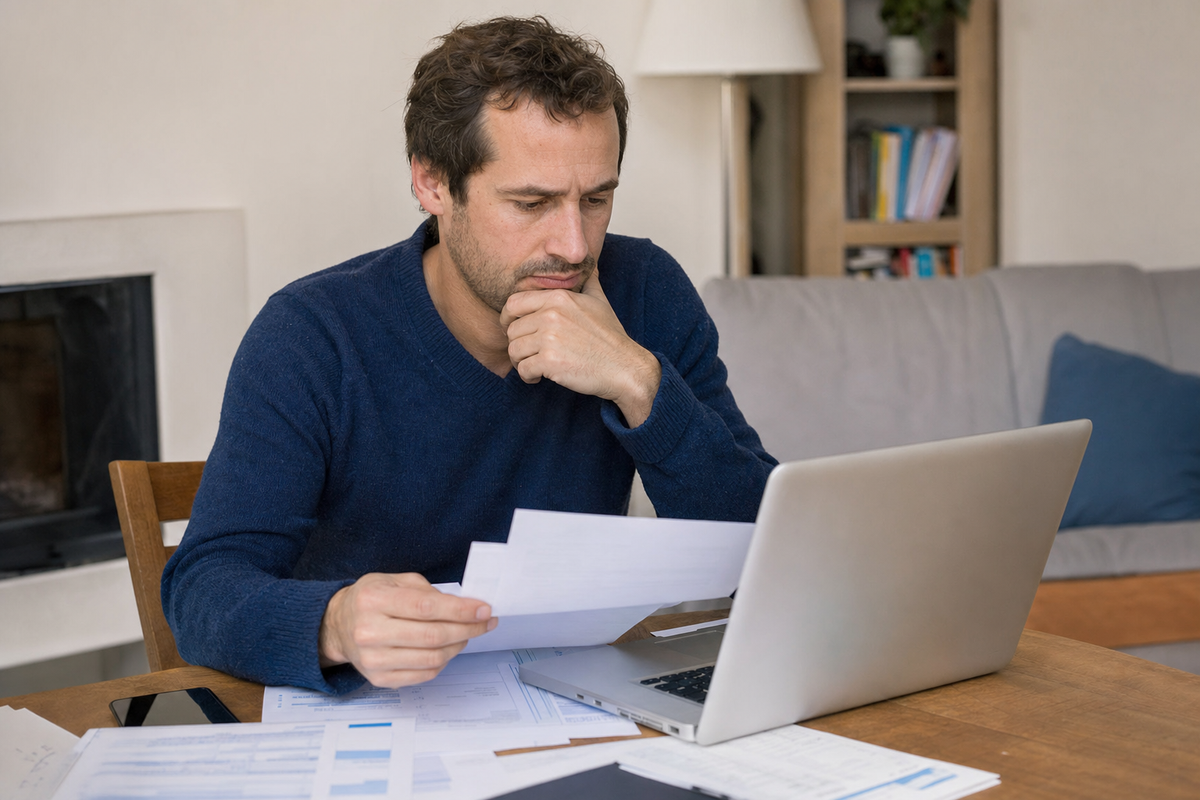 Photojournalistic scene in France: an adult at home reviewing banking paperwork and an online tax-account access request on a laptop, natural light, documentary style.