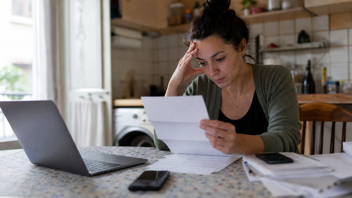 Plusieurs relevés de crédits et factures sur une table, avec une calculatrice et des euros, illustrant un regroupement de crédits