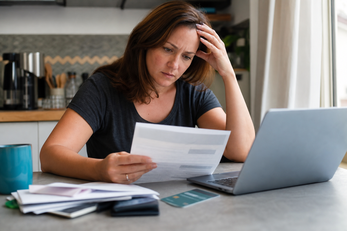 Personne vérifiant un relevé bancaire après un rejet de prélèvement