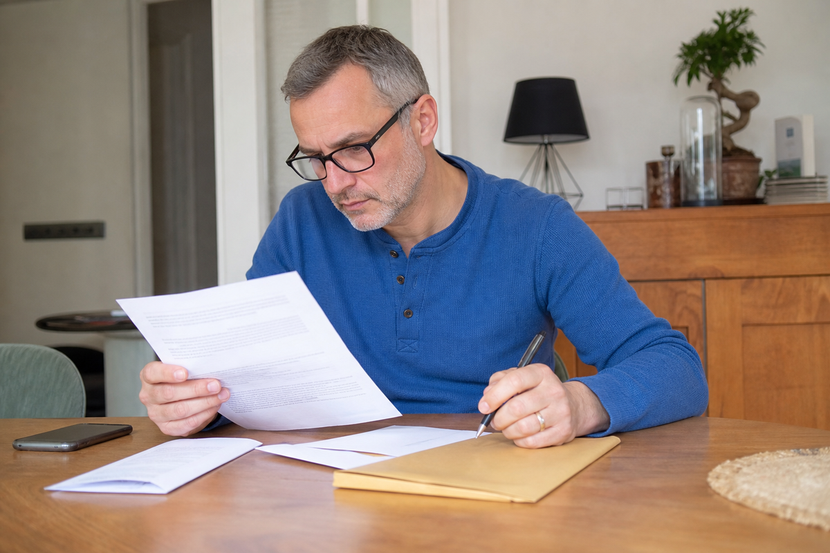 Personne relisant un contrat d'assurance-vie avec une lettre prete a etre envoyee en recommande dans un interieur sobre en France