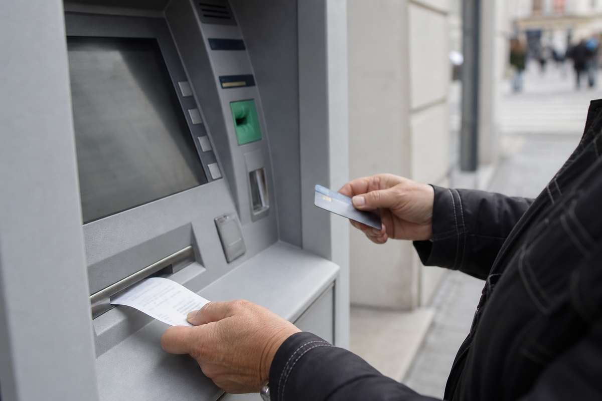Photo illustrant un retrait d’espèces à un distributeur automatique en France.