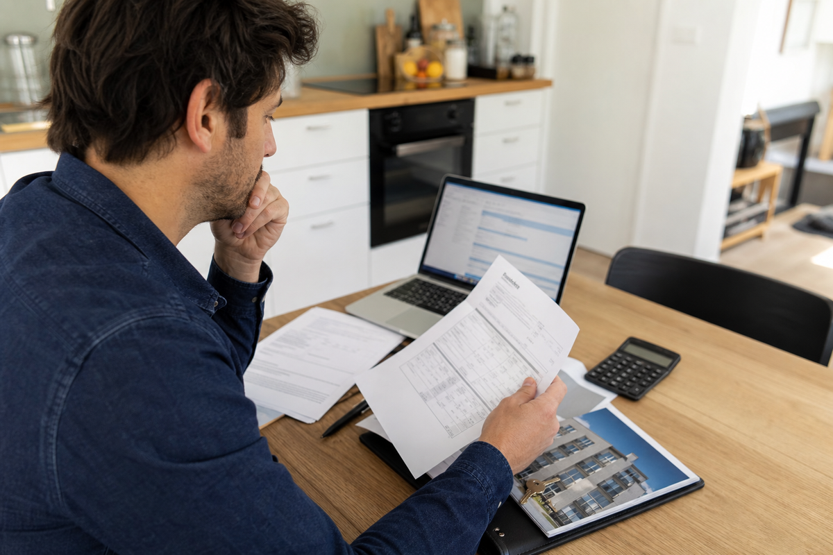 Personne préparant une déclaration de revenus fonciers sur ordinateur (location nue)