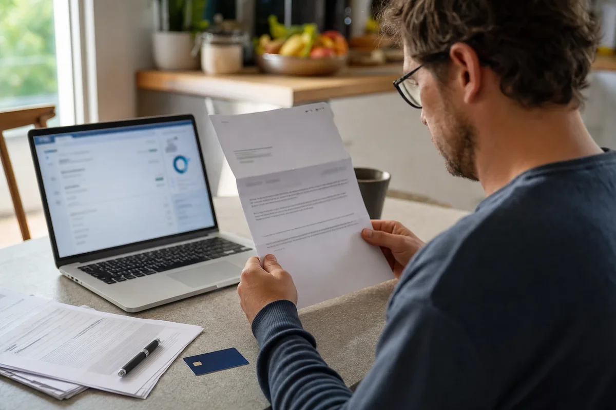 Personne à une table lisant un courrier administratif, avec un ordinateur portable et des documents bancaires (photo d’illustration).