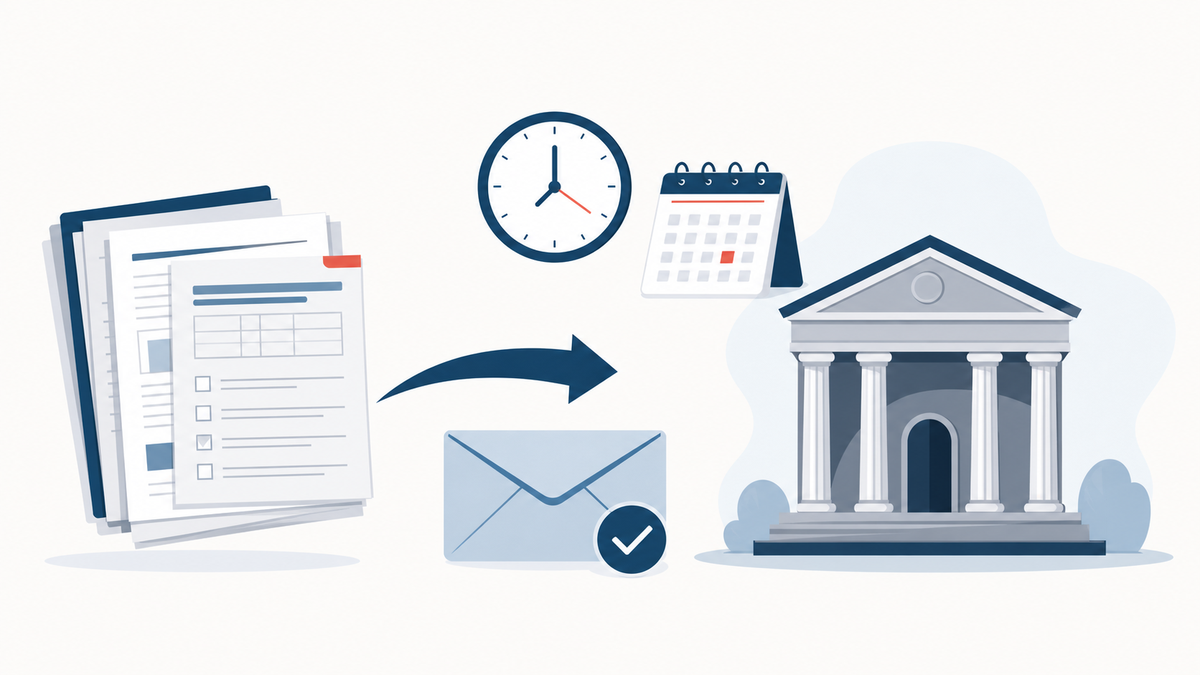 Illustration infographique sobre du dossier de surendettement : formulaire, piles de documents, calendrier de délais et bâtiment institutionnel stylisé, sans marque.