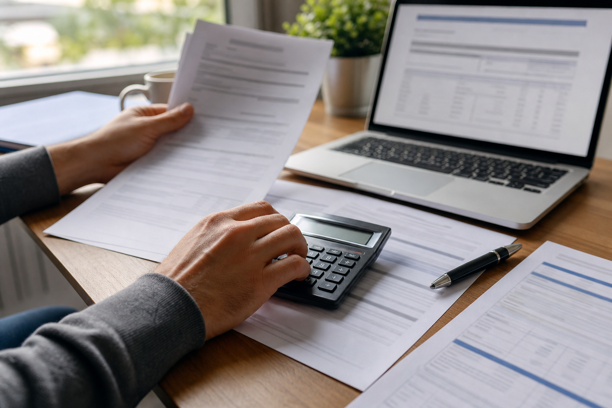 Personne utilisant une calculatrice pour comparer des offres de crédit, documents flous sans marque