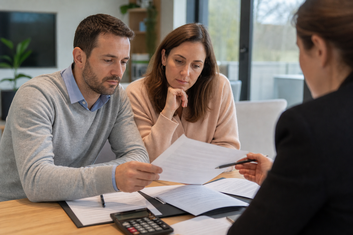 Photo d'un couple relisant une offre de prêt immobilier avec une calculatrice