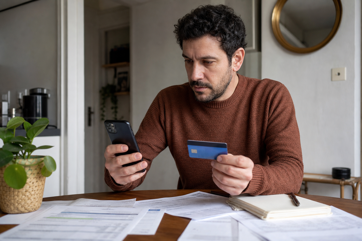 Client en France consultant son smartphone bancaire et une carte de paiement tout en comparant des documents sur une table.