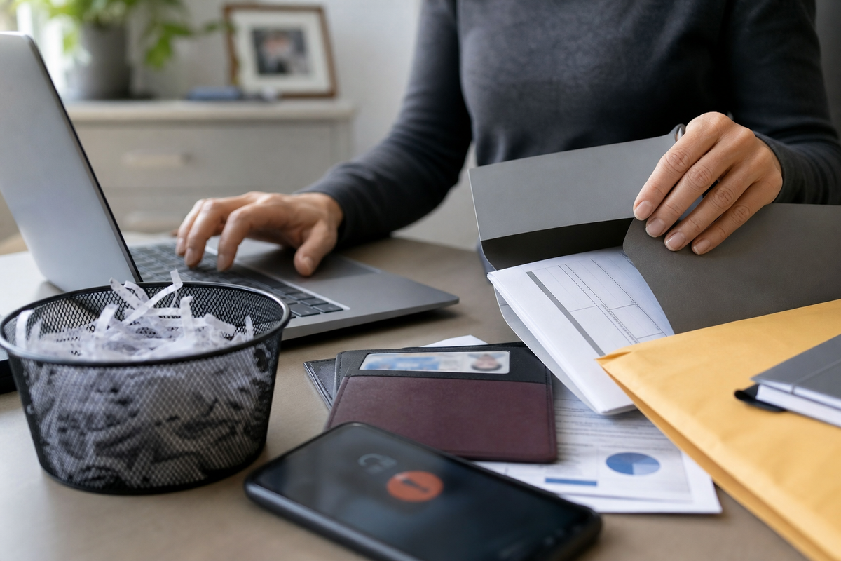 Personne protégeant des documents personnels et bancaires sur un bureau