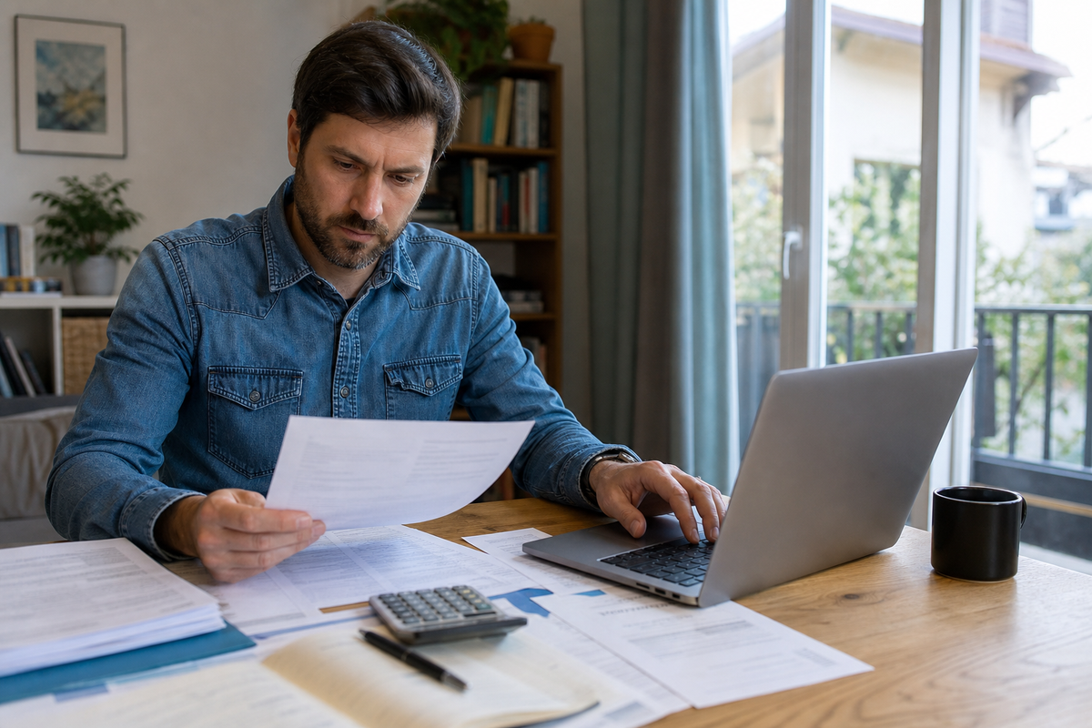 Personne effectuant un virement bancaire instantané depuis son ordinateur à domicile